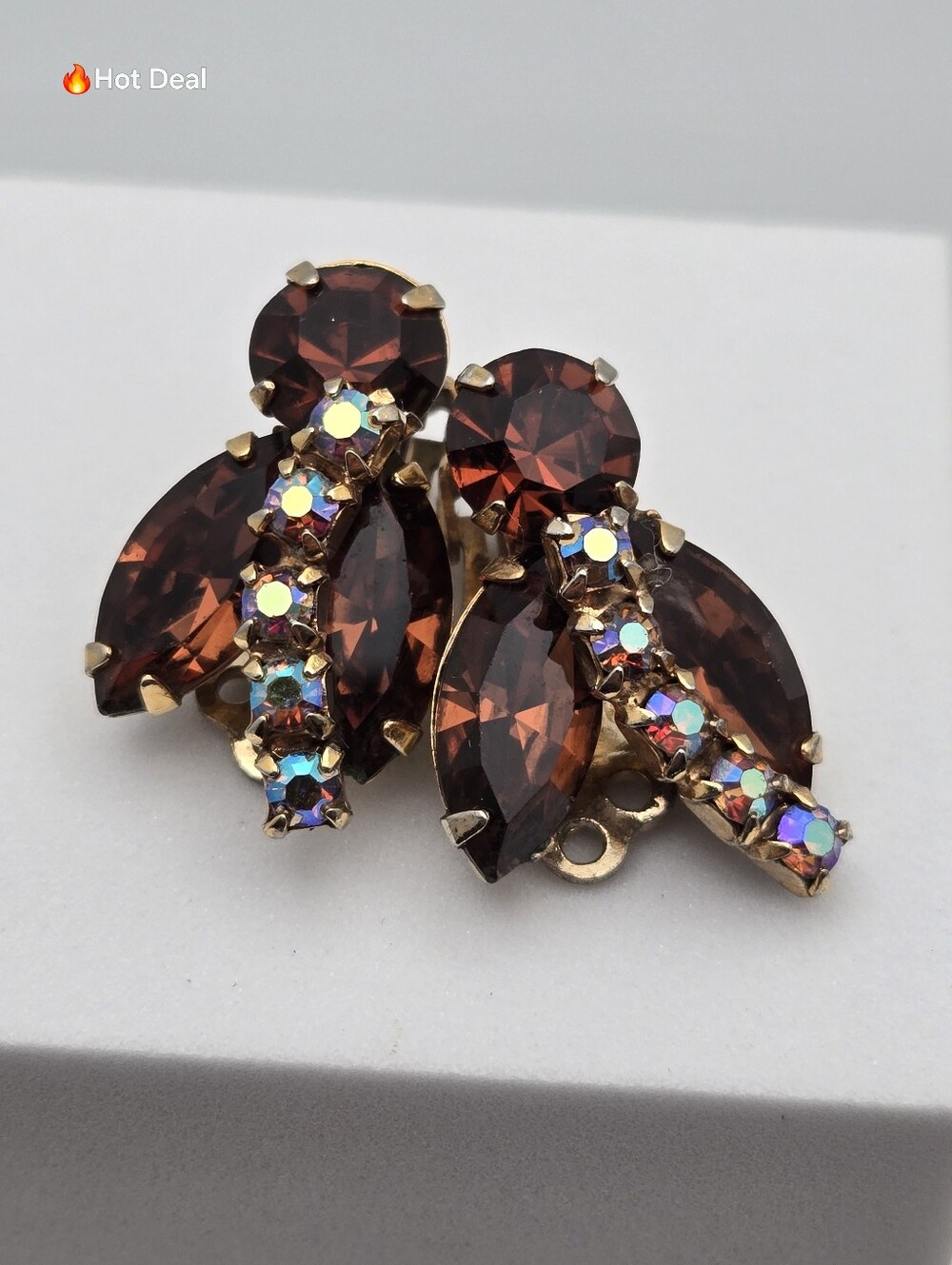 Vintage Smoky Amber Aurora Borealis Rhinestone Clip-On Earrings Marquise AB 1"